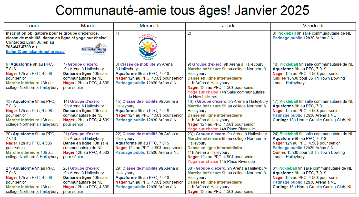 All Age Friendly French January Calendar